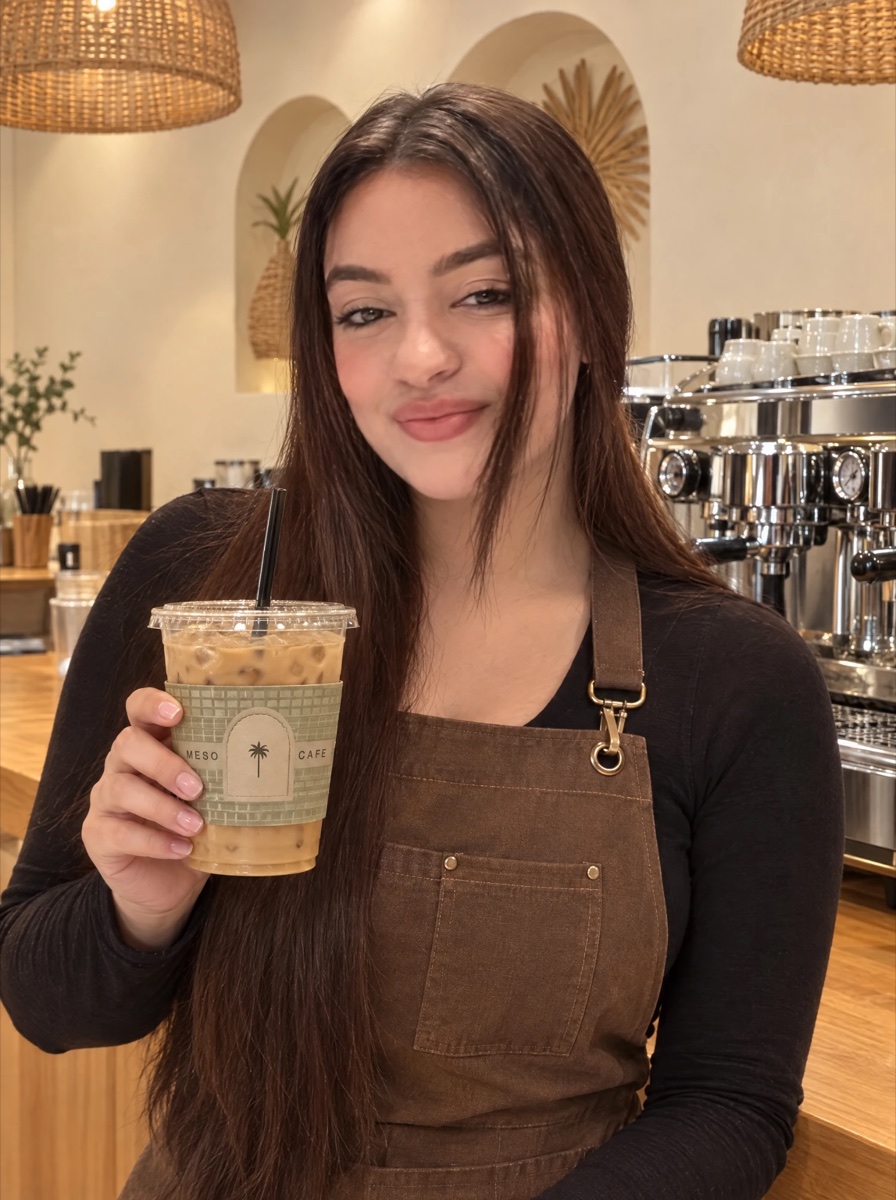 The owner of Meso Cafe holding an iced latte in a Meso cup