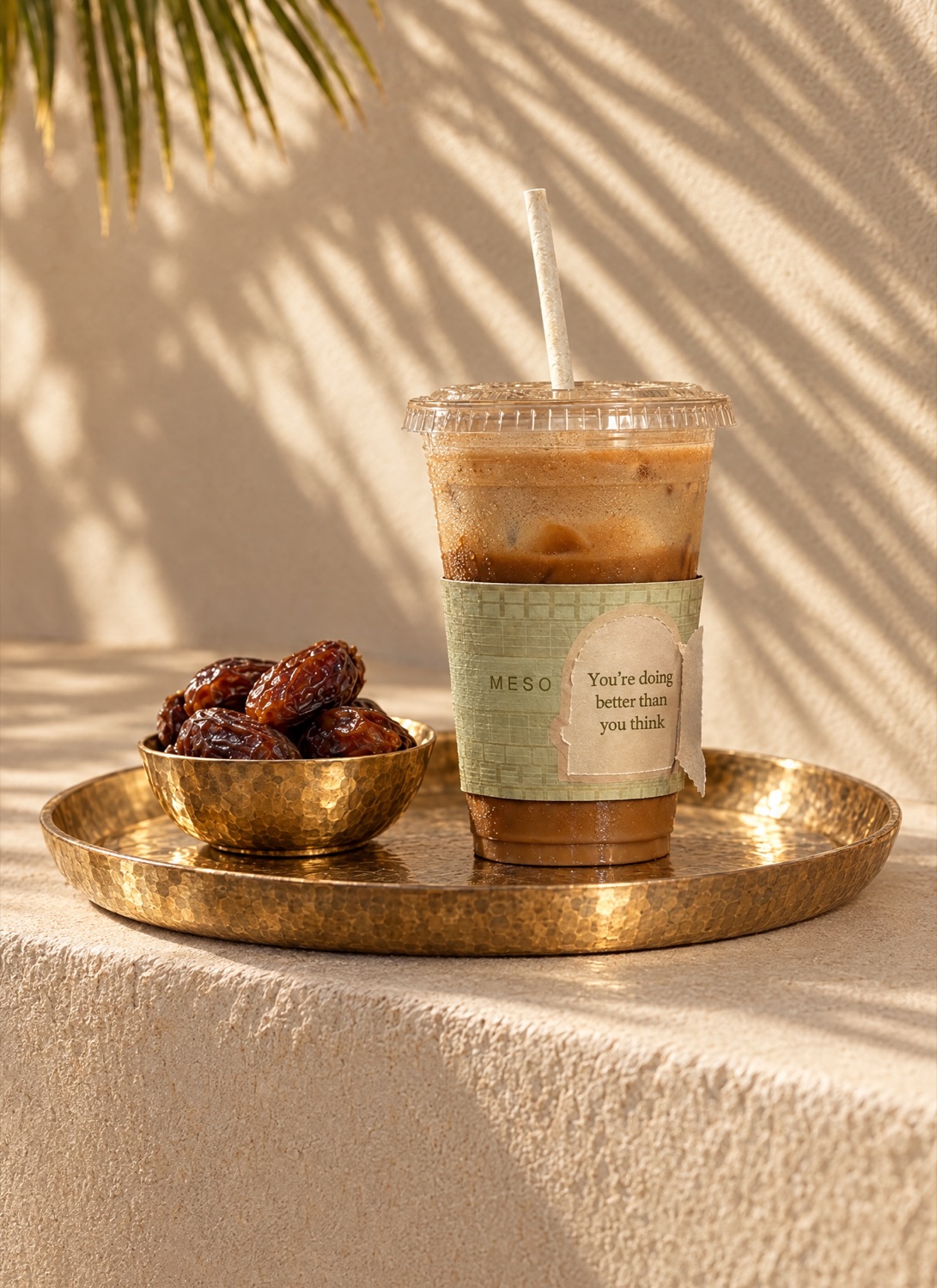 An iced latte in a Meso cup on a brass tray beside a dish of dates, in morning light with palm leaf shadows