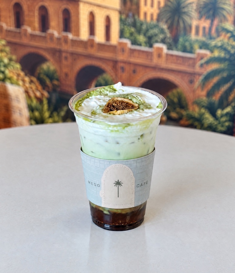Fig Matcha on a gold tray at Meso Cafe